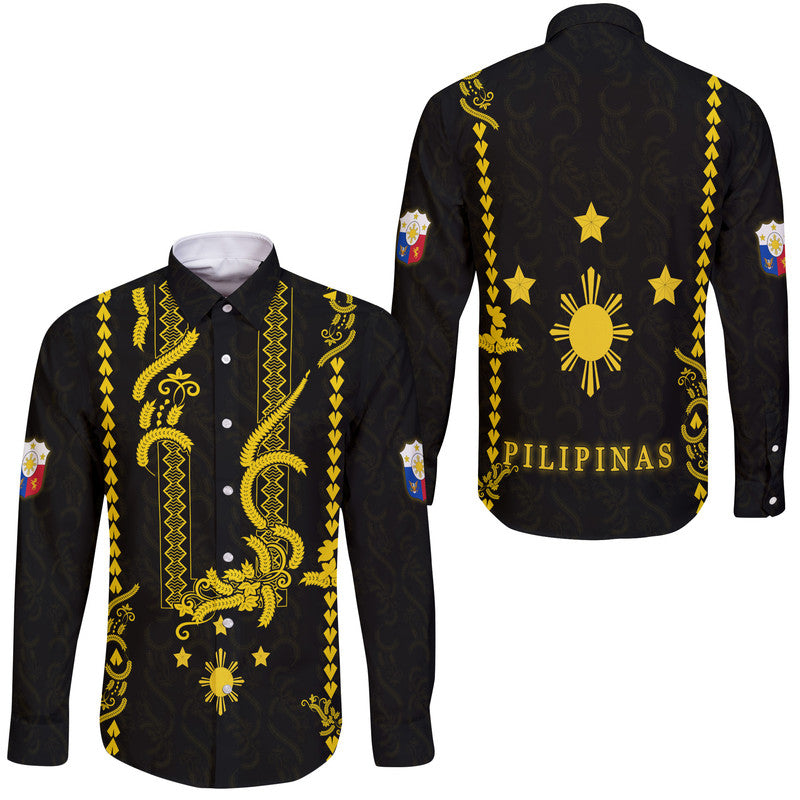 Philippines Hawaii Long Sleeve Button Shirt Pechera With Side Barong Patterns LT9 Unisex Black - Polynesian Pride