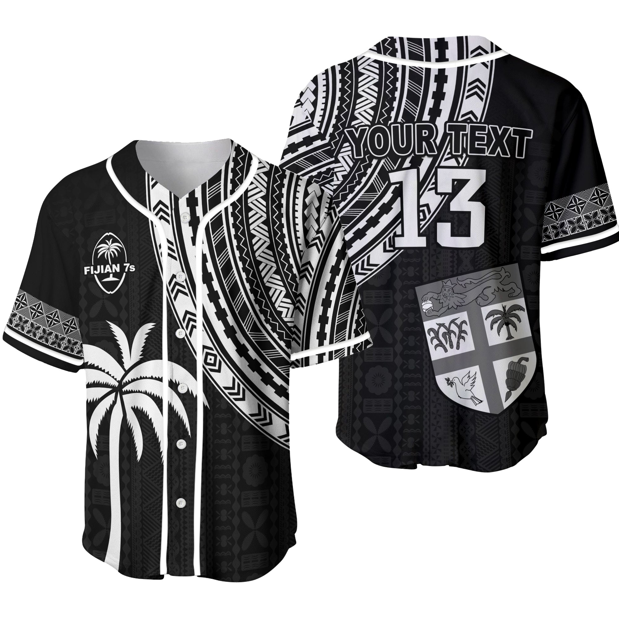 (Custom Personalised) Fiji Rugby Sevens Baseball Jersey Fijian 7s Tapa Polynesian - Custom Text and Number LT13 Unisex Black - Polynesian Pride