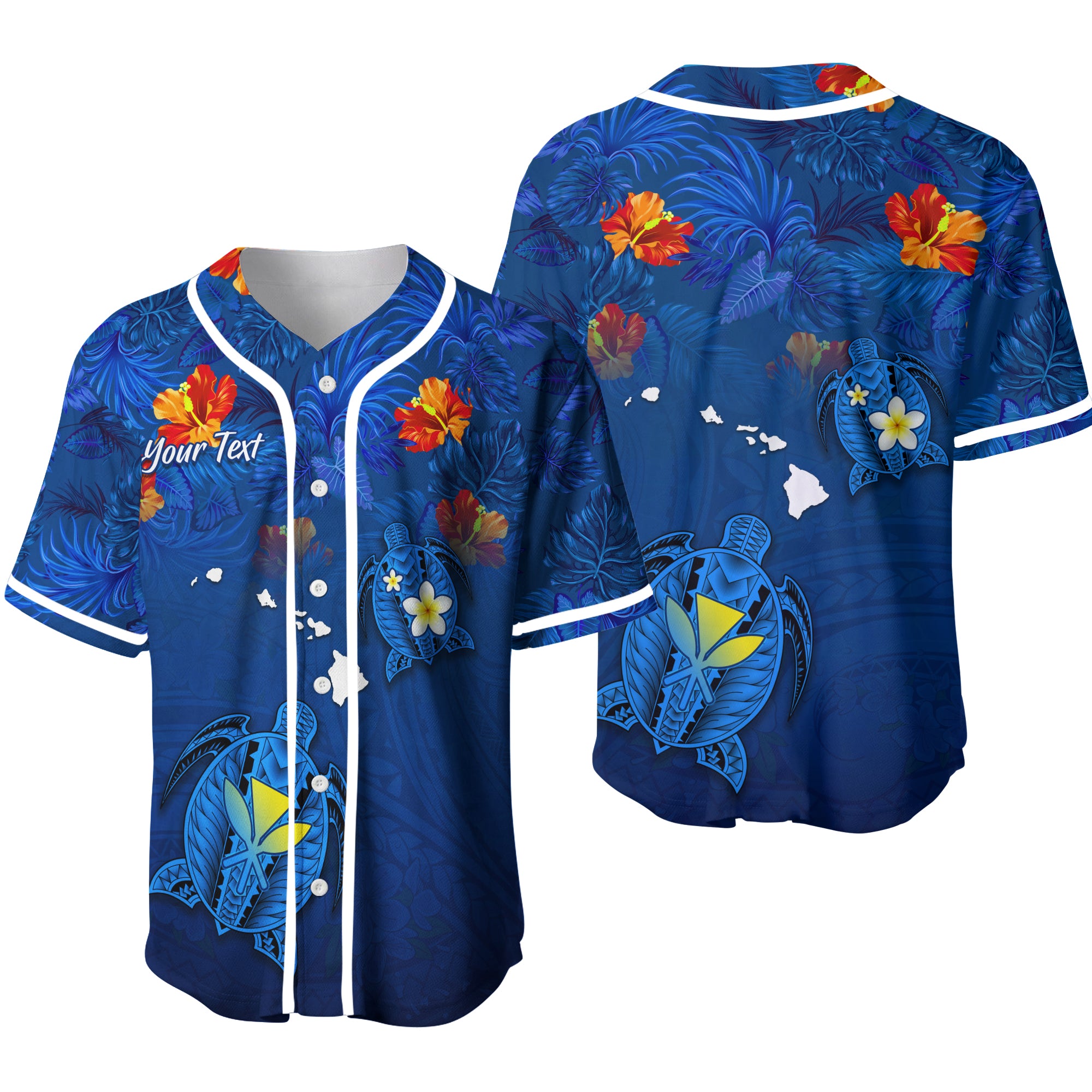 (Custom Personalised) Hawaiian Islands Baseball Jersey - Hawaii Tropical Flowers and Turtles Blue LT13 - Polynesian Pride