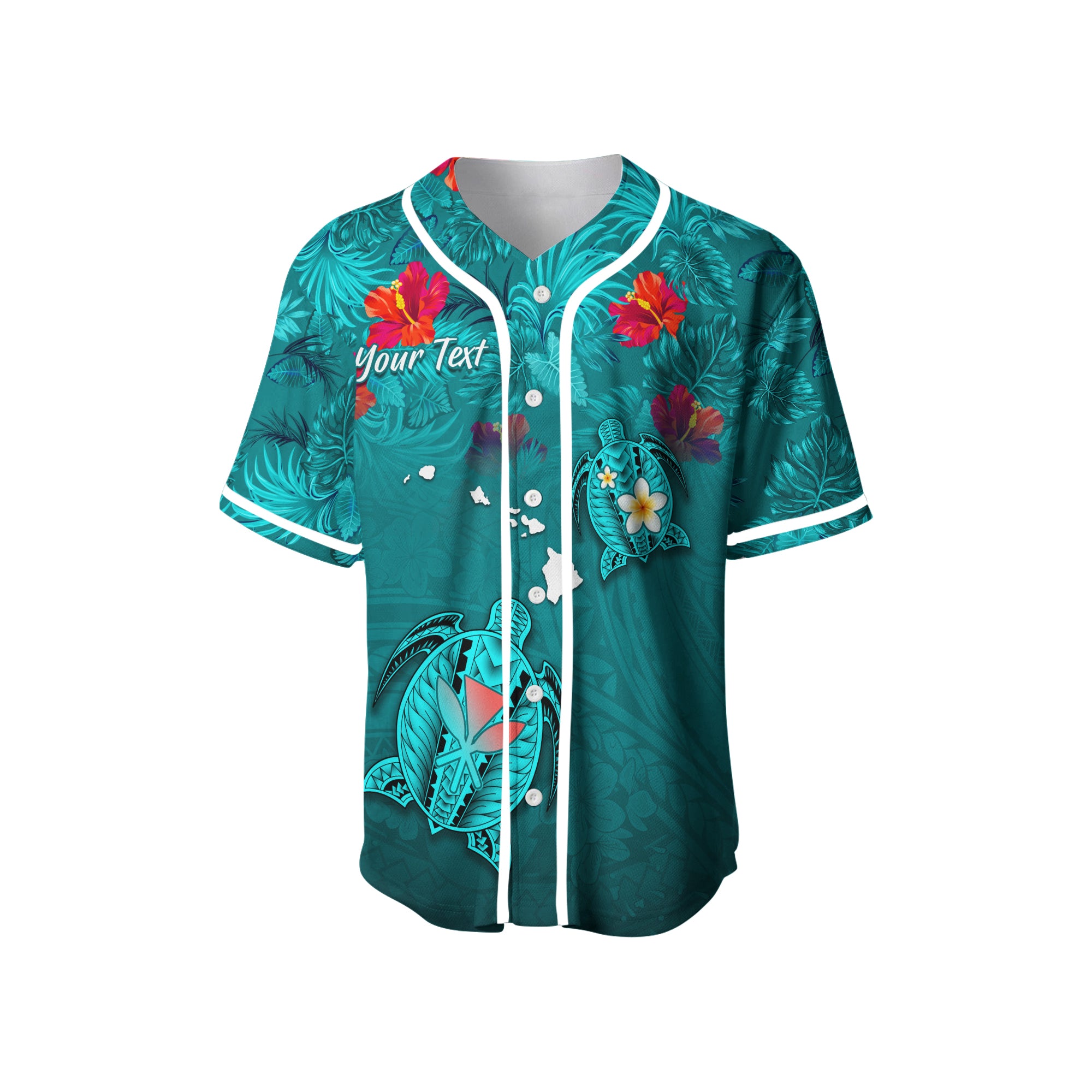 (Custom Personalised) Hawaiian Islands Baseball Jersey - Hawaii Tropical Flowers and Turtles Turquoise LT13 - Polynesian Pride