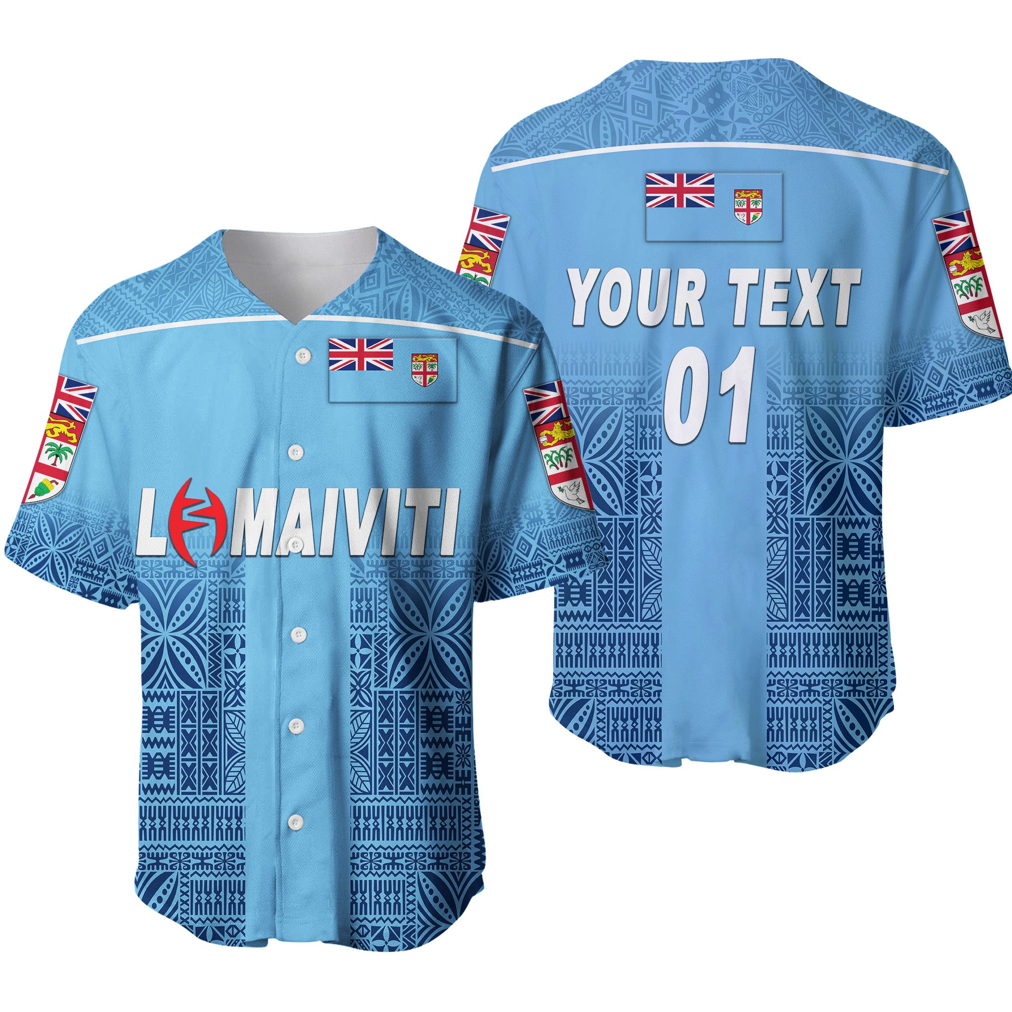 (Custom Personalised) Fiji Lomaiviti Rugby Baseball Jersey Simple Vibes - Full Blue, Custom Text And Number LT8 Unisex Blue - Polynesian Pride