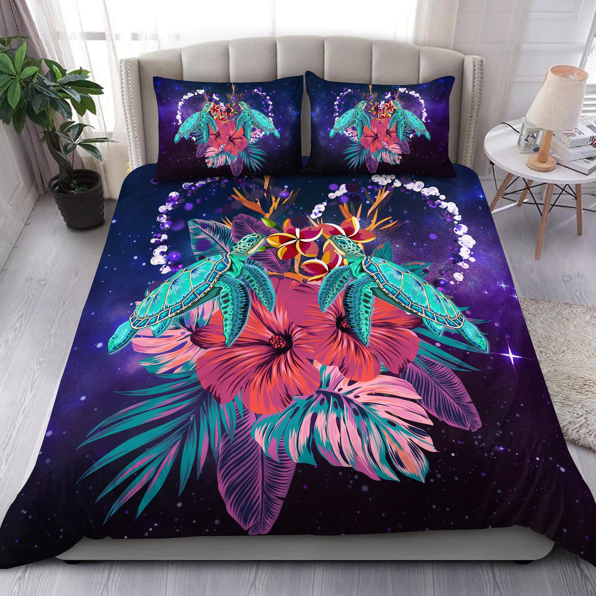 Hawaii Couple Turtle Hibiscus Tropical Bedding Set - Huxley Style - AH Purple - Polynesian Pride