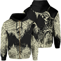 Hawaii Polynesian Hoodie Zip Warrior Ikaika Benjamin Style Beige Unisex Black - Polynesian Pride