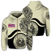 Hawaii Coat of Arms Zip Hoodie Waveshape Style Beige Unisex Art - Polynesian Pride