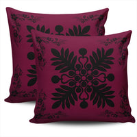 Hawaiian Quilt Maui Plant And Hibiscus Pattern Pillow Covers - Black Burgundy - AH - Polynesian Pride