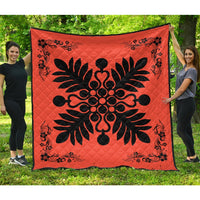 Hawaiian Quilt Maui Plant And Hibiscus Premium Quilt - Black Orange - AH Black - Polynesian Pride