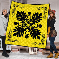 Hawaiian Quilt Maui Plant And Hibiscus Premium Quilt - Black Yellow - AH - Polynesian Pride