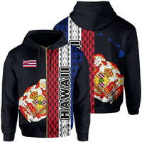 Polynesian Kakau Hawaii Flag Royal Coat of Arms Hawaii Zip Hoodie Blue Unisex Blue - Polynesian Pride