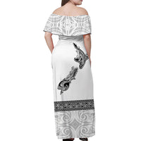 (Custom Personalised) New Zealand Off Shoulder Long Dress Maori Fern and Map White LT13 - Polynesian Pride