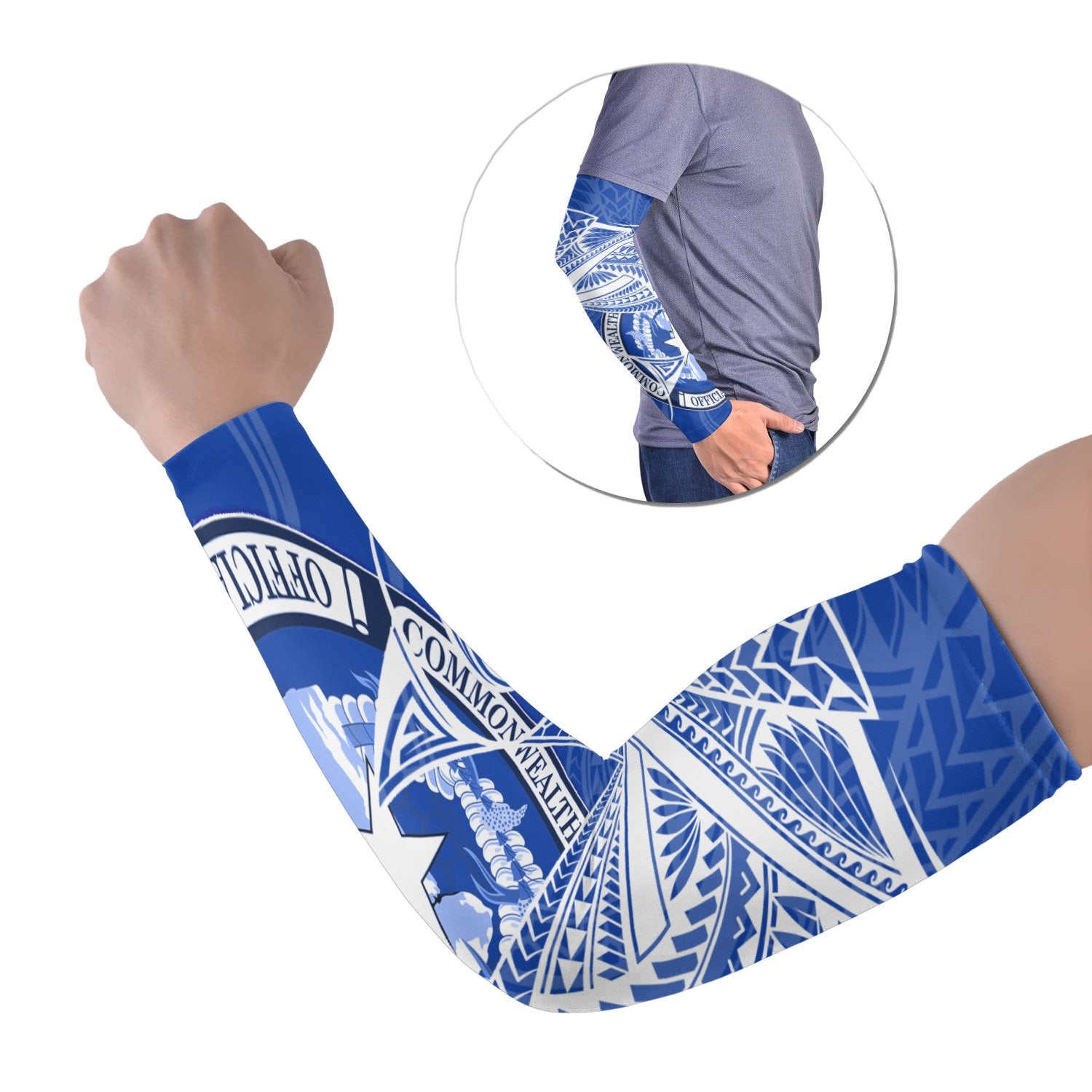 Northern Mariana Islands Arm Sleeve (Set of 2) - Seal CNMI With Curve Patterns Set of 2 Blue - Polynesian Pride