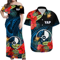 Yap State Matching Dress and Hawaiian Shirt Polynesian Hibiscus Flowers LT14 Blue - Polynesian Pride