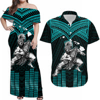 Custom Polynesian Couple Outfits Matching Turquoise Hawaiian Dress And Shirt Hawaiian Warrior with Weapon Polynesian Ver.02 LT14 Turquoise - Polynesian Pride