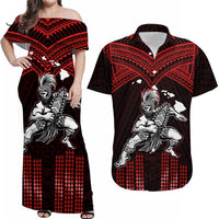 Custom Polynesian Couple Outfits Matching Hawaiian Warrior with Weapon Polynesian Tribal Red Dress And Shirt Ver.05 LT14 Red - Polynesian Pride
