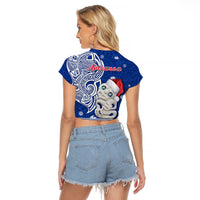 New Zealand Christmas Raglan Cropped T Shirt Hei Tiki Blue Pohutukawa Meri Kirihimete LT14 - Polynesian Pride