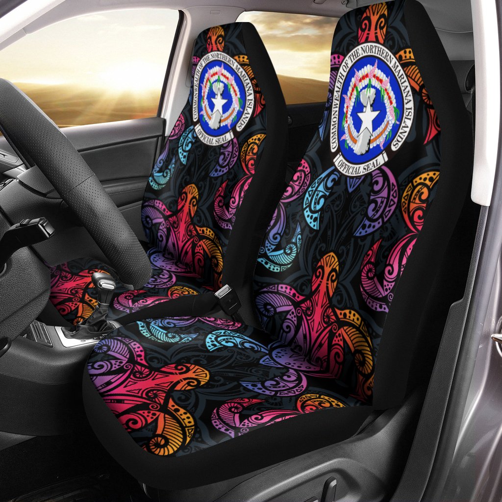 Northern Mariana Islands Car Seat Cover - Sea Turtle In Tribal Polynesian Style Universal Fit Black - Polynesian Pride