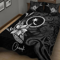 Chuuk State Quilt Bed Set - Fish With Plumeria Flowers Style Black - Polynesian Pride