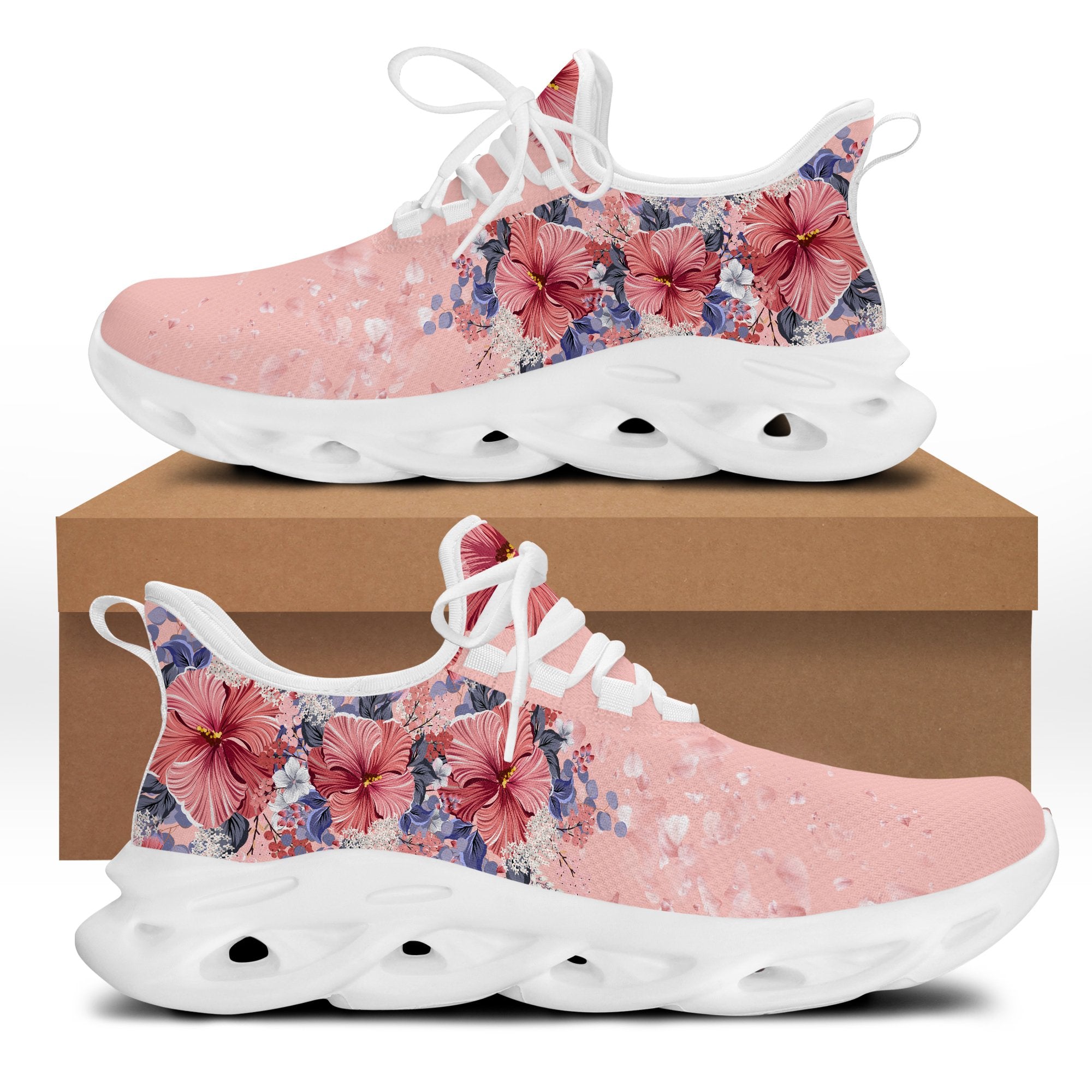 Hawaii Pink Hibiscus Falling Petals Clunky Sneakers - Glamour Style - AH White - Polynesian Pride