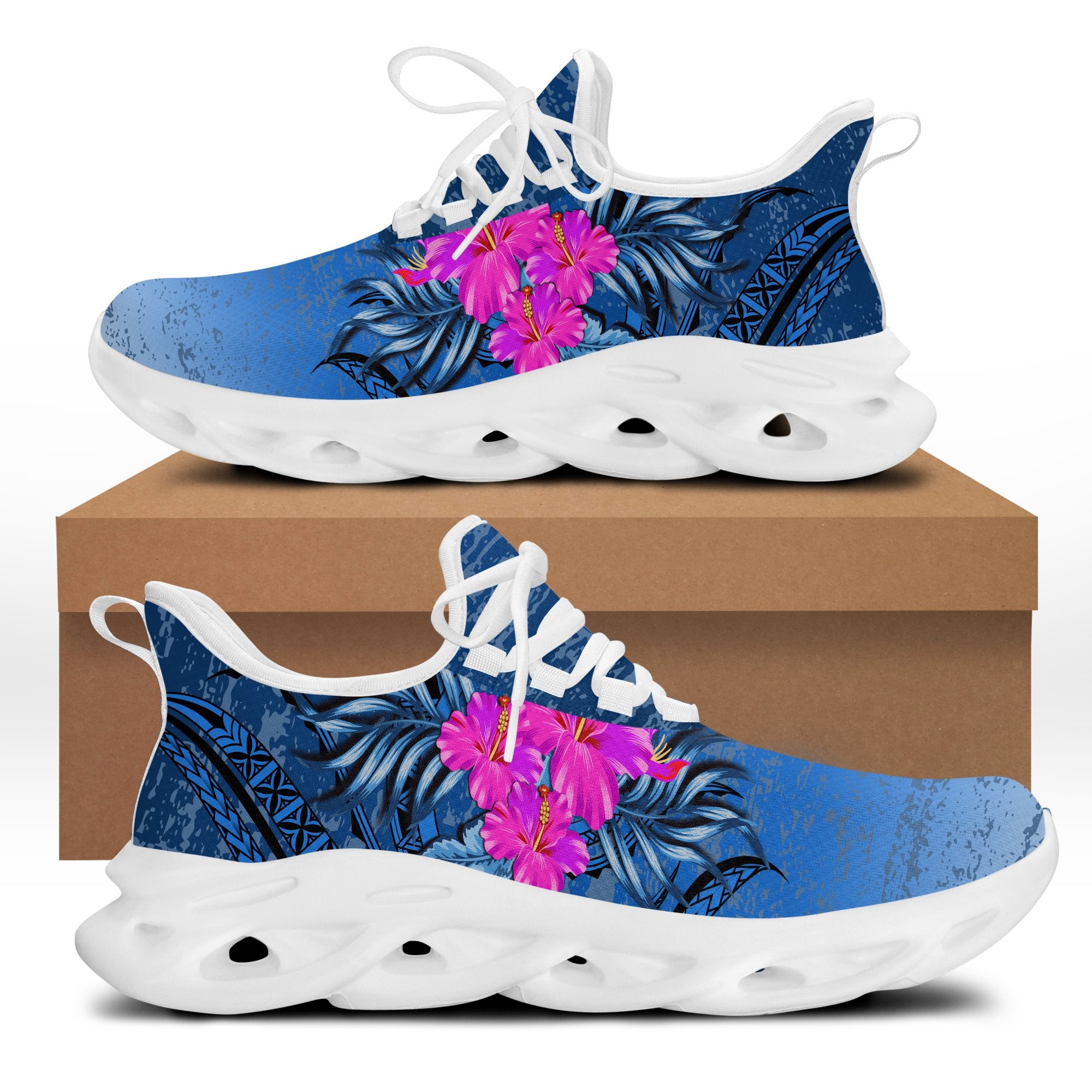 Hawaii Hibiscus Flower Polynesian Clunky Sneakers - Jon Style - AH White - Polynesian Pride