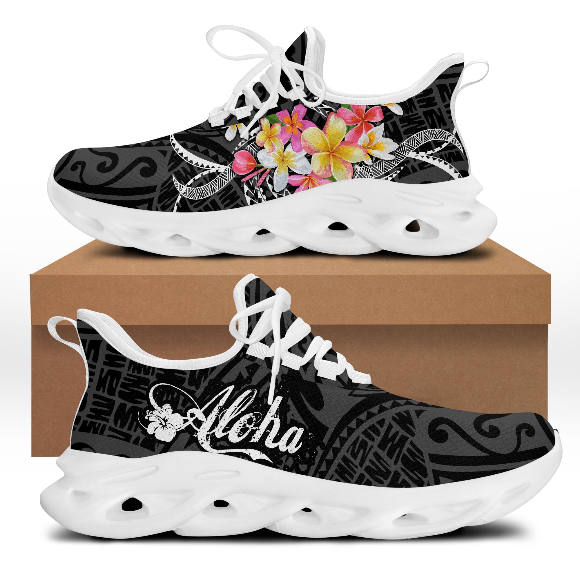 Hawaii Plumeria Tropical Polynesian Clunky Sneakers - Quin Style - AH White - Polynesian Pride