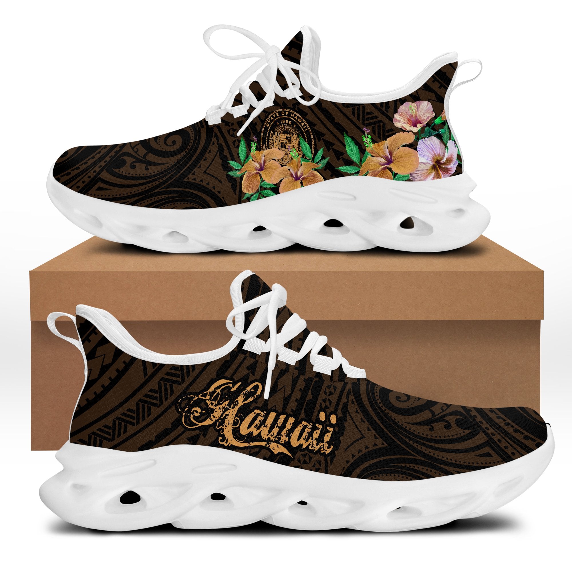 Seal Of Hawaii Hibiscus Clunky Sneakers - Brian Style - AH White - Polynesian Pride
