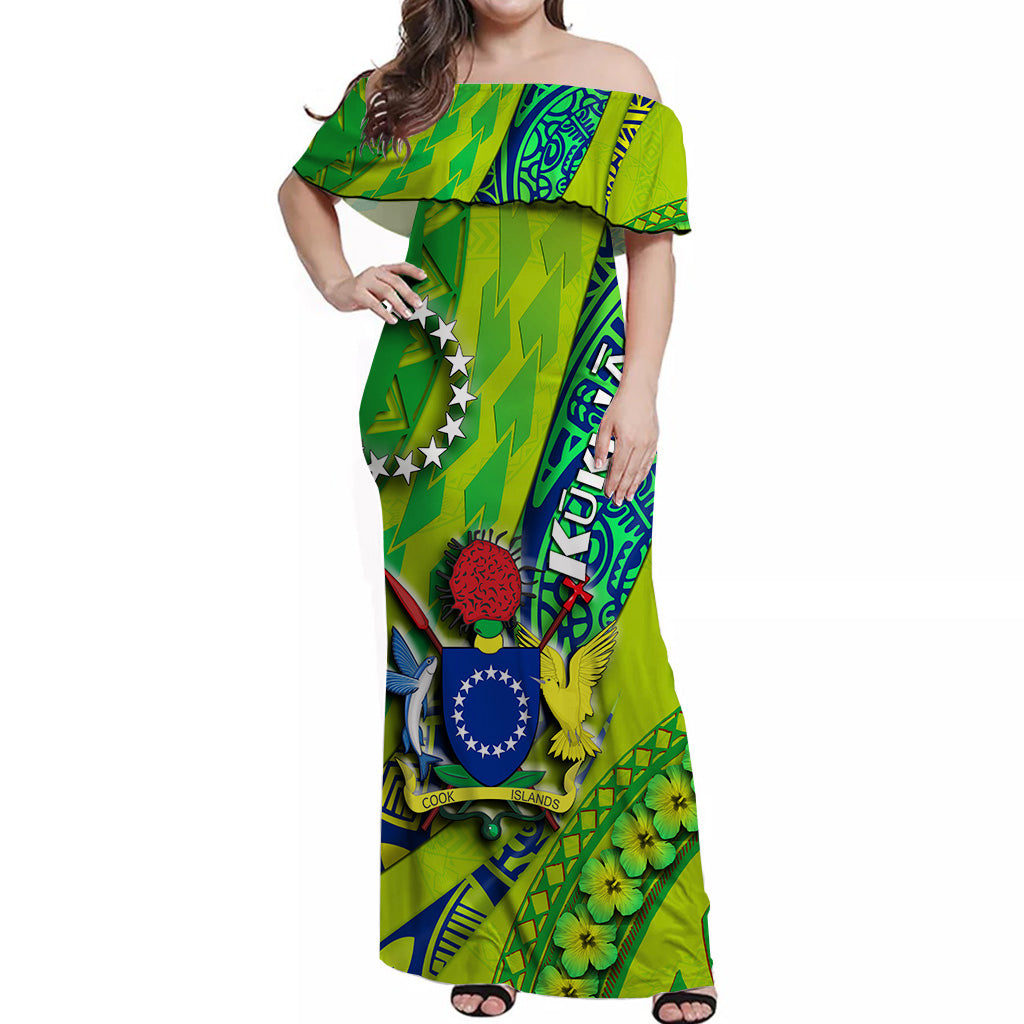 Cook Islands Women Off Shoulder Long Dress Artsy Style - Green LT9 Women Green - Polynesian Pride