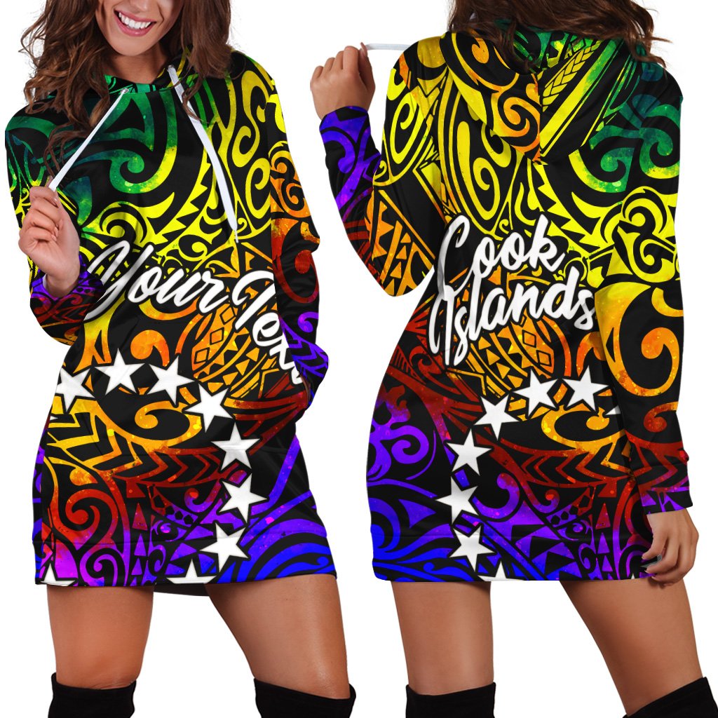 Cook Islands Custom Personalised Hoodie Dress - Rainbow Polynesian Pattern Rainbow - Polynesian Pride