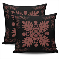 Hawaiian Quilt Maui Plant And Hibiscus Pattern Pillow Covers - Coral Black - AH - Polynesian Pride