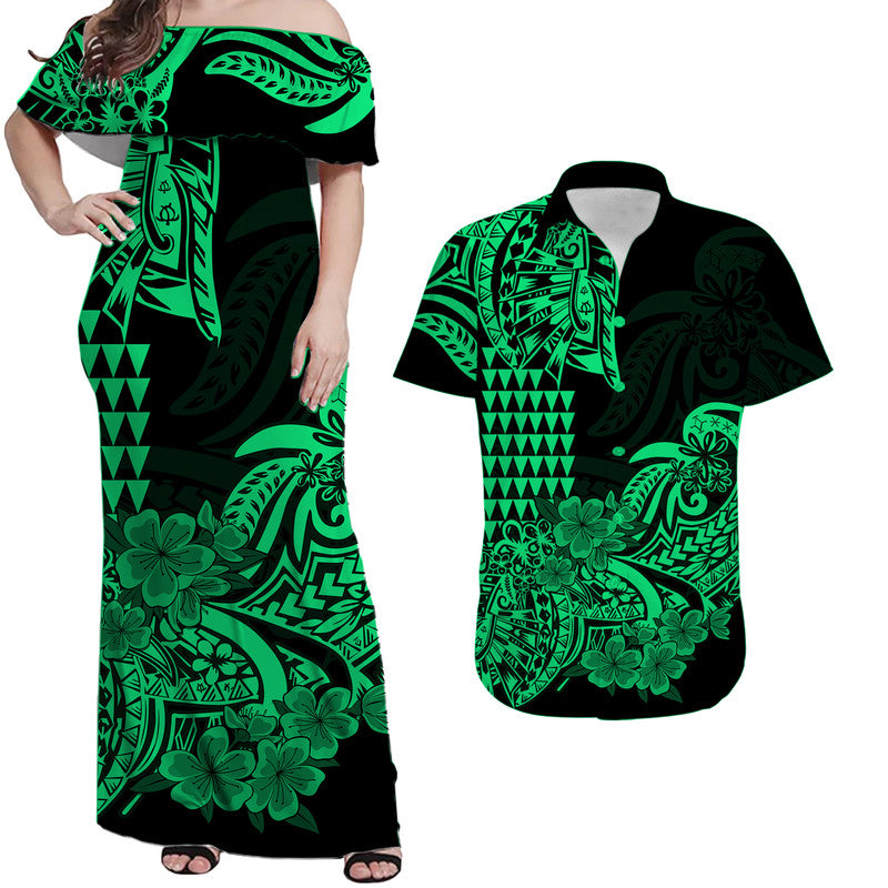 Hawaii Couple Outfits Hawaii Kakau Matching Dress and Hawaiian Shirt Polynesian Flower Tribal Green Version LT9 Green - Polynesian Pride