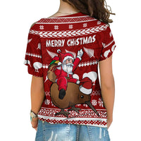 New Zealand Xmas Cross Shoulder Shirt Mere Kirihimete - Santa With Kiwi Bird LT7 - Polynesian Pride