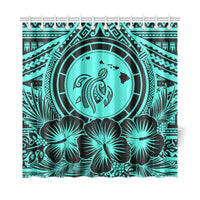Hawaii Map Honu Hibiscus Turquoise Polynesian Shower Curtain - Polynesian Pride