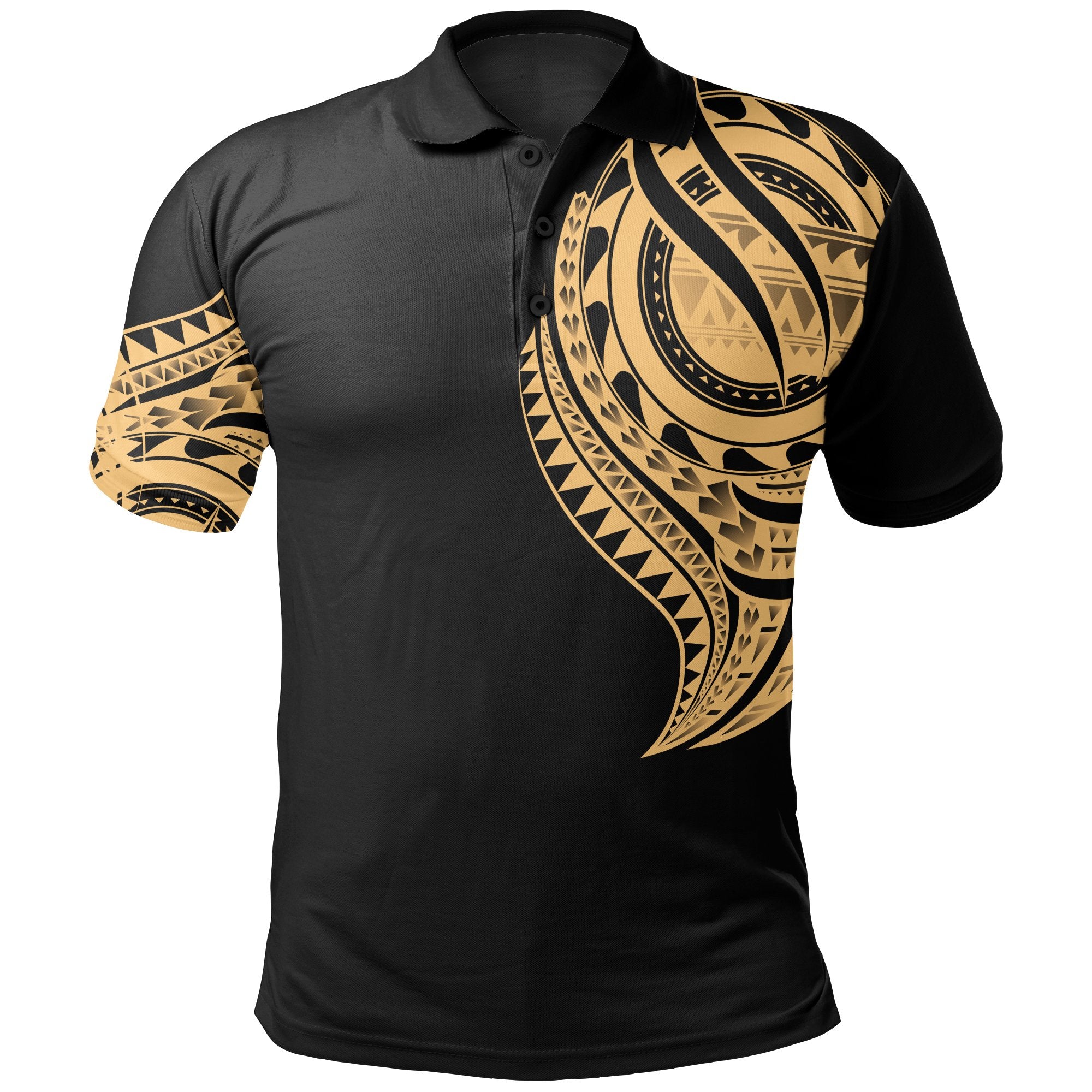 Tahiti Polo Shirt Tahitian Tatau Gold Patterns With Coat Of Arms Unisex Black - Polynesian Pride