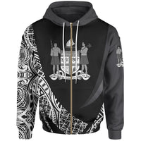 Fiji Zip Hoodie White Polynesian Patterns Sport Style Unisex Black - Polynesian Pride