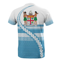 Fiji All Over T Shirt Fiji Coat of Arms Tribal Line White Blue - Polynesian Pride