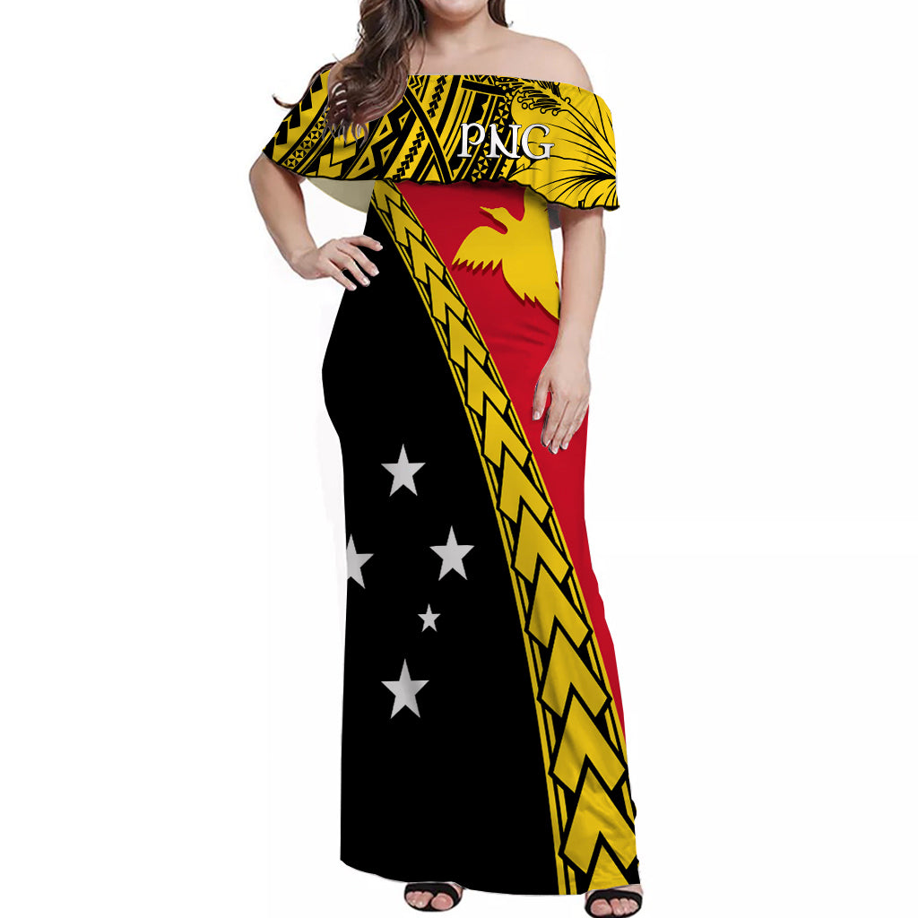 PNG Hibiscus Tribal Pattern Off Shoulder Long Dress Bird - of - Paradise LT7 Long Dress Black - Polynesian Pride