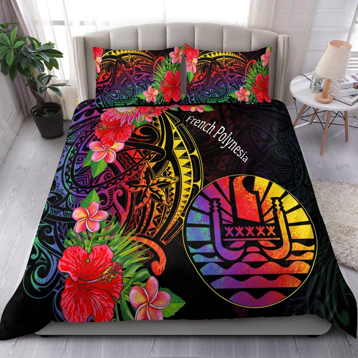 Custom French Polynesia Bedding Set - Tropical Hippie Style Black - Polynesian Pride