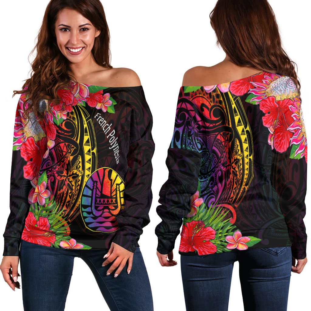 French Polynesia Women's Off Shoulder Sweater - Tropical Hippie Style Black - Polynesian Pride
