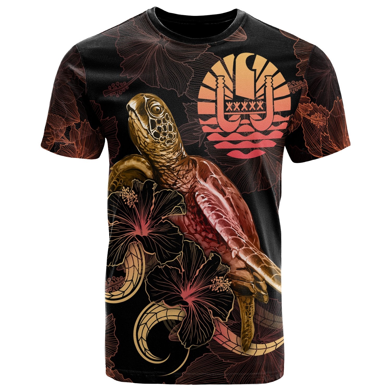 TahitiPolynesian T Shirt Turtle With Blooming Hibiscus Gold Unisex Art - Polynesian Pride