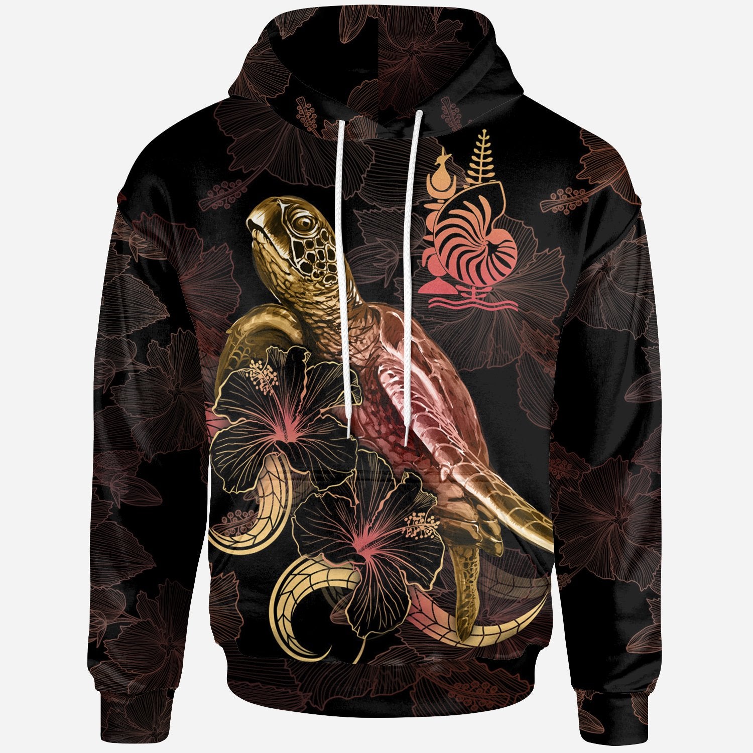 New Caledonia Polynesian Hoodie Turtle With Blooming Hibiscus Gold Unisex Gold - Polynesian Pride