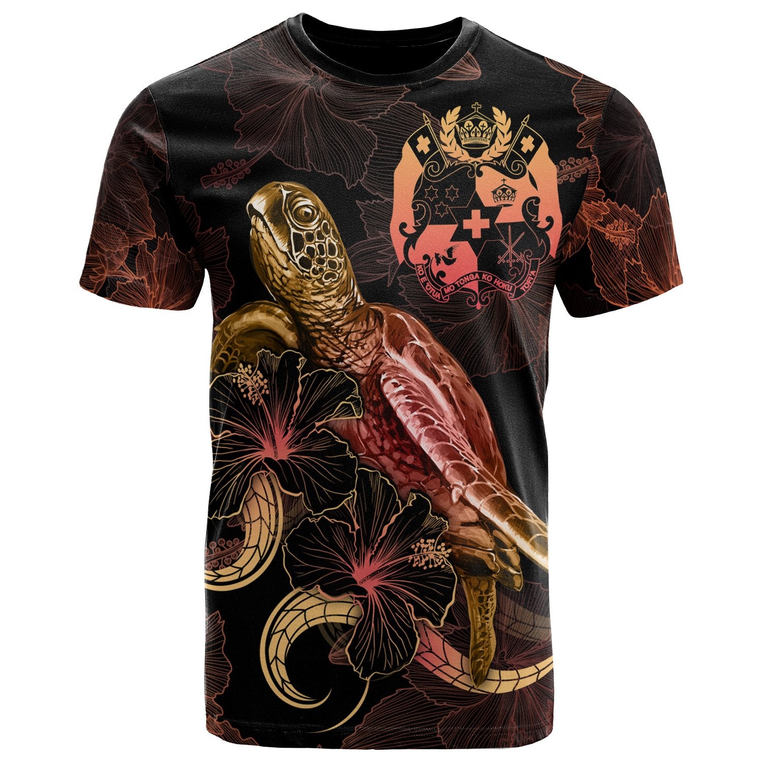 Tonga Polynesian T Shirt Turtle With Blooming Hibiscus Gold Unisex Art - Polynesian Pride