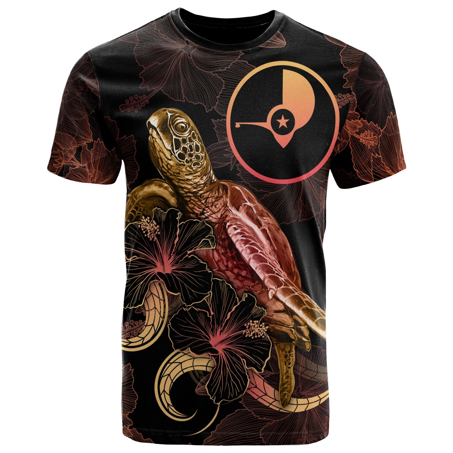 Yap Polynesian T Shirt Turtle With Blooming Hibiscus Gold Unisex Art - Polynesian Pride