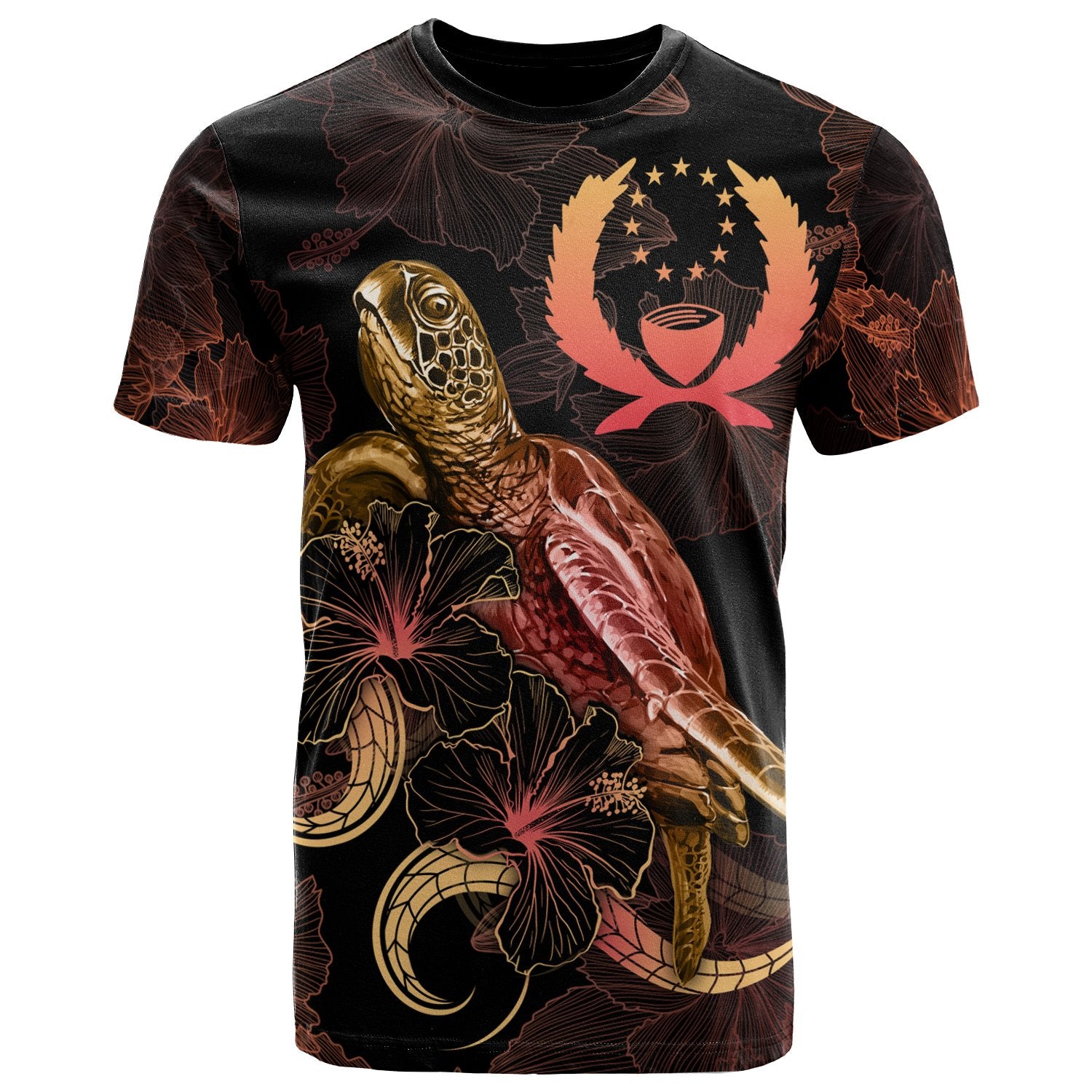Pohnpei Polynesian T shirt Turtle With Blooming Hibiscus Gold Unisex Art - Polynesian Pride