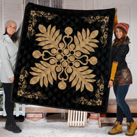 Hawaiian Quilt Maui Plant And Hibiscus Premium Quilt - Gold Black - AH - Polynesian Pride