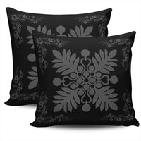 Hawaiian Quilt Maui Plant And Hibiscus Pattern Pillow Covers - Gray Black - AH - Polynesian Pride