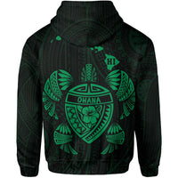 Polynesian Kakau Turtle Ohana Map of Hawaii Zip Hoodie Green - Polynesian Pride