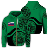 Hawaii Coat of Arms Zip Hoodie Waveshape Style Green Unisex Art - Polynesian Pride