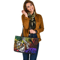 Guam Custom Personalised Leather Tote Bag - Rainbow Polynesian Pattern - Polynesian Pride