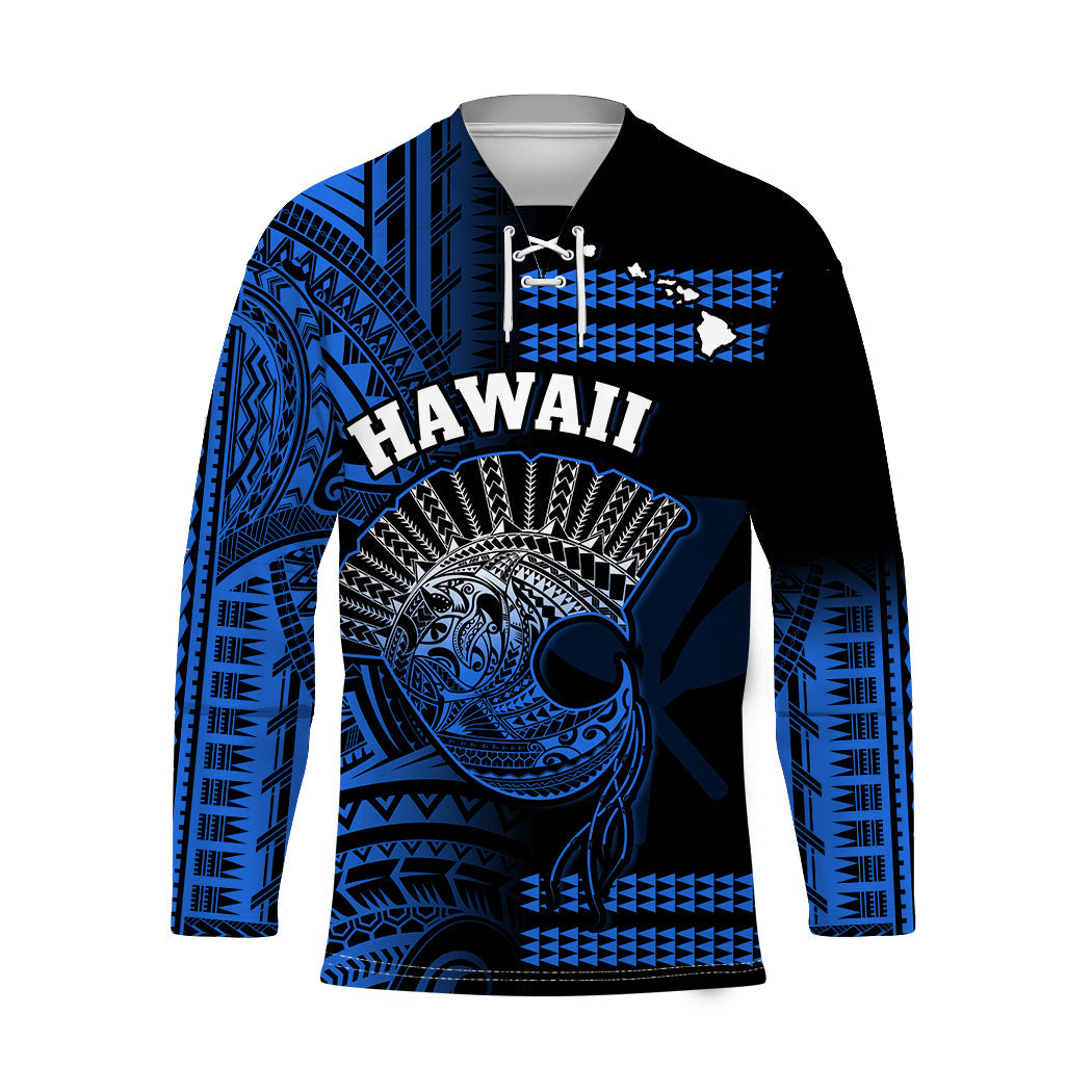 (Custom Personalised) Hawaii Hockey Jersey Kakau Warrior Helmet Gradient Blue Polynesian LT14 Unisex Blue - Polynesian Pride