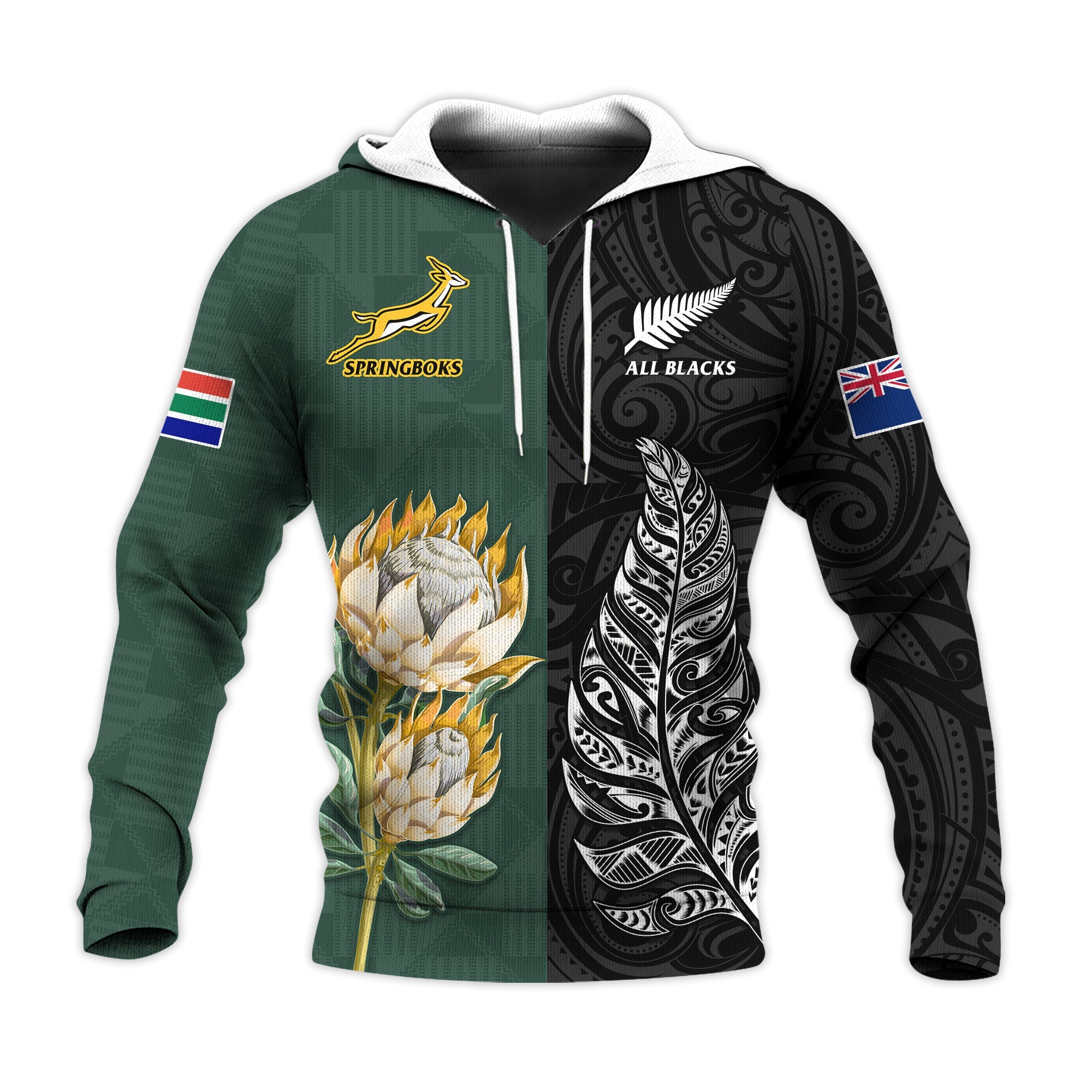 (Custom Text and Number) South Africa Protea and New Zealand Fern Hoodie Rugby Go Springboks vs All Black LT13 Art - Polynesian Pride