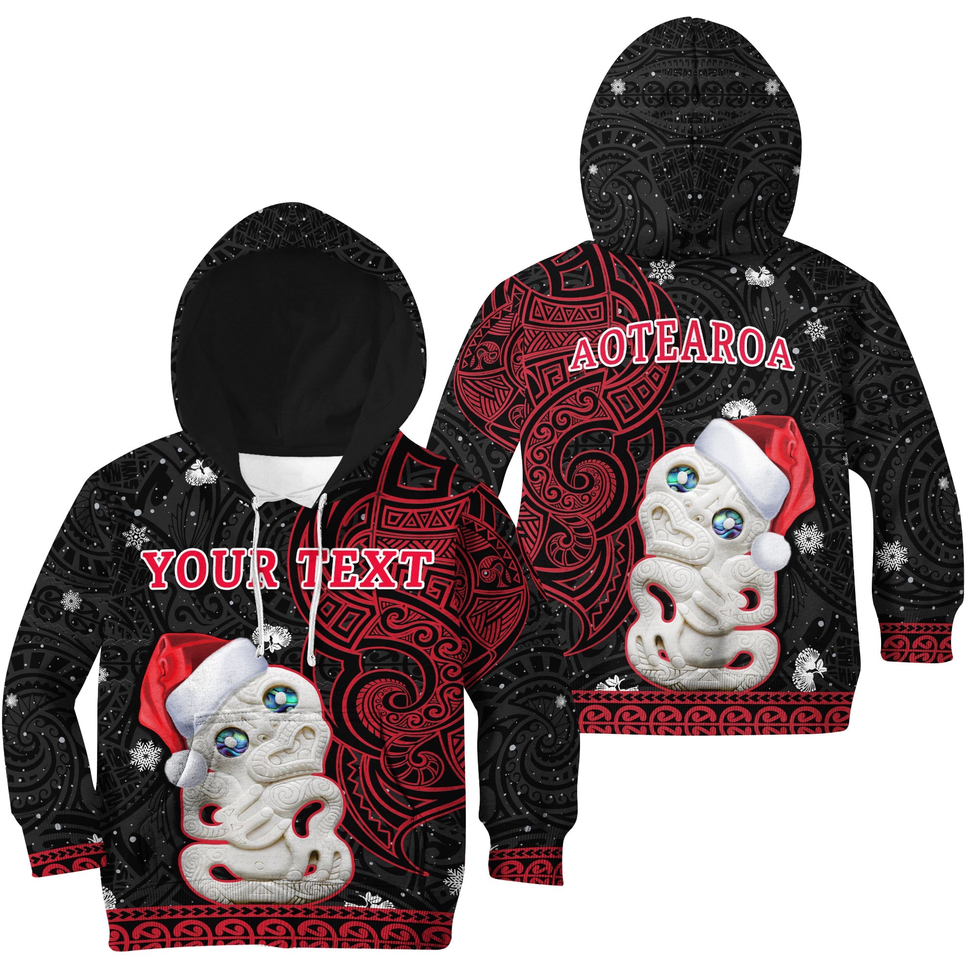 (Custom Personalised) New Zealand Christmas Hoodie KID Hei Tiki Red Pohutukawa Meri Kirihimete LT14 Red - Polynesian Pride