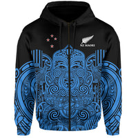 (Custom Text and Number) New Zealand Tiki Rugby Hoodie NZ Maori Koru Pattern Ver.05 LT14 Zip Hoodie Blue - Polynesian Pride